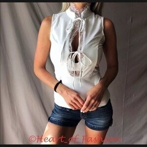 SEXY Ivory Deep Plunge Low Cut Lace Up Tie Front Sleeveless Brushed Top Blouse
